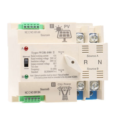 Interruptor automático de la transferencia del dinar de AC220V picovoltio del carril 2P 63A del poder dual solar del ATS